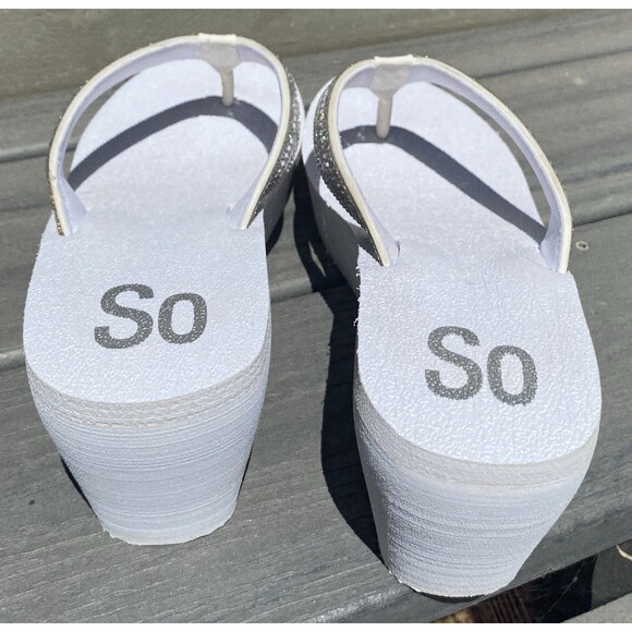 SO Platform Wedge Flip Flops Womens White Rhinestone Sparkly Good Y2K Sandals - Picture 4 of 6